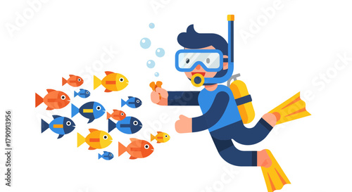 Diver Interacting With Fish In Underwater Environment With Black Background Illustration