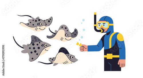 Diver Interacting With Friendly Stingrays In The Underwater Depths During Scuba Diving