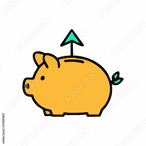 The piggy bank with the up arrow is an illustration of financial growth, savings, and investment income