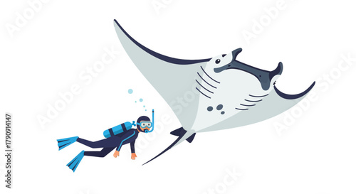 Diver Observing Majestic Manta Ray In Deep Ocean Waters On Black Background