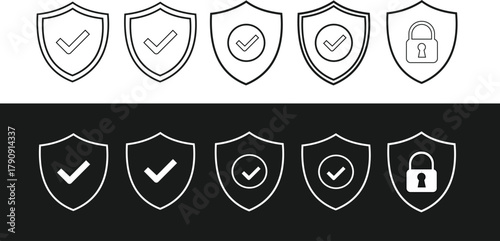 A set of classic heraldic metal shield icons, symbols, and badges for security design elements