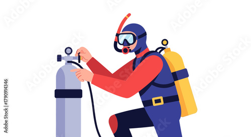 Diver Prepares Equipment: Readying for Underwater Exploration in a Vector Illustration