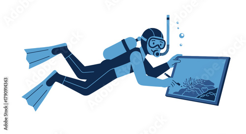 Diver Recording Underwater Nature: Artistic Illustration Capturing Marine Life and Oceanic Beauty