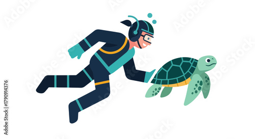 Diver Swimming Alongside A Turtle In The Deep Ocean Illustration