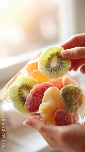 Colorful candied dried fruit slices in a clear pouch. Frosted kiwi, strawberry, and citrus sparkle with sugar crystals for a bright, textured snack.