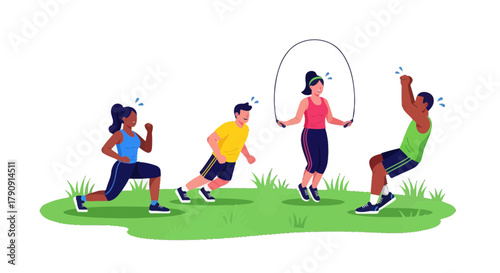 Energetic Group Engaging In Diverse Fitness Exercises, Showing Physical Activity Outdoors