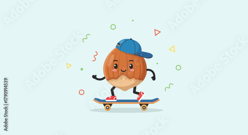 Energetic Hazelnut Character Skateboard Ride: Playful Nutty Illustration Action Sport Fun