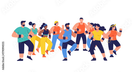 Energetic Group Engaging In Dynamic Aerobic Exercise Class Against Black Background