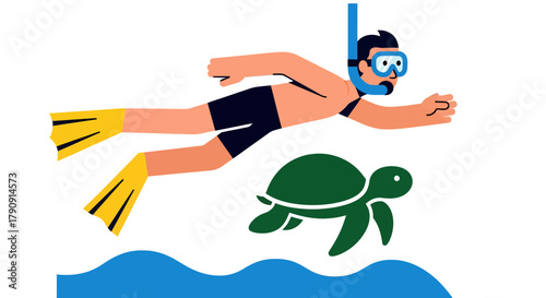 Diver Swimming With Turtle Undersea, Illustration Of Exotic Animal And Human