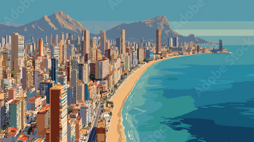 Cityscape of Benidorm, city of Spain, attractive touristic advertisement poster, beautiful touristic must-see destination. Beautiful tourist destination. Winter destination for elderly, senior people.
