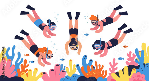 Divers Exploring The Ocean Depths And Vibrant Coral Reefs In A Colorful Scene