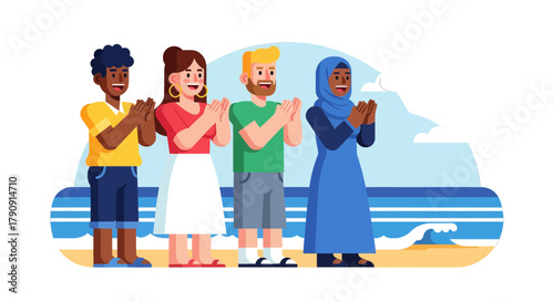 Diverse Group Applauding Together on a Beach Enjoying the Beautiful Summer Day Outdoors