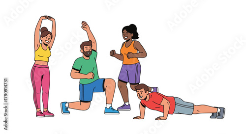 Diverse Group Doing Exercise Together, Engaging in Fitness Activities with Great Enthusiasm