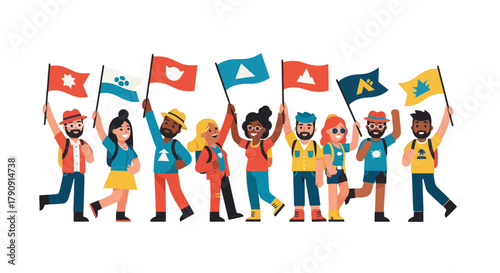 Diverse Group Displaying Flags, Symbolizing Unity and Exploration with Illustrated People