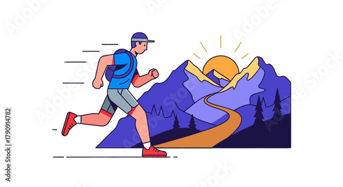 Energetic Runner Ascending Mountain Path Towards Sun as Sporty Lifestyle Concept