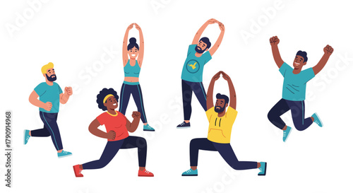 Diverse Group Joyfully Doing Workout Exercises and Dynamic Movements on Black Background