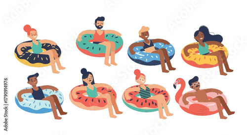 Diverse Group Joyfully Relaxing in Inflatable Floats on a Black Background