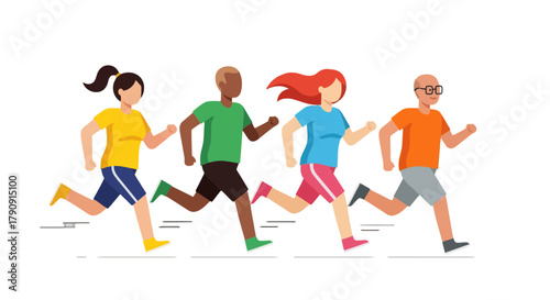 Diverse Group Running Together Against a Black Background Displaying Movement and Energy