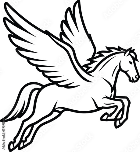 Mythical winged horse pegasus in a dynamic leaping pose with spread wings in a simple line drawing style