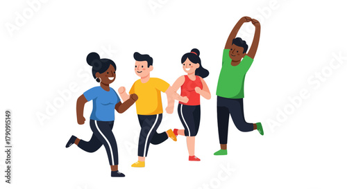 Diverse Group Running, Stretching And Smiling Against a Black Background.