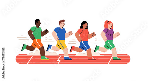 Diverse Group Running Together on Track in Colorful Outfits, Celebrating Fitness