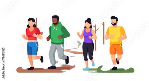 Diverse Group Running Together in Nature Scene Depiction of Healthy Lifestyle