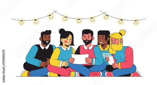 Diverse Group Sharing, Illuminated by String Lights While Engaging in Collaborative Endeavor