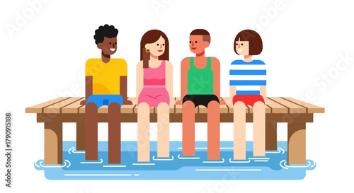 Diverse Group Sitting Together on Pier, Enjoying Summer Day in the Water