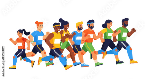 Diverse Group Running Together in a Marathon, Inspiring Fitness and Teamwork, Vector Illustration
