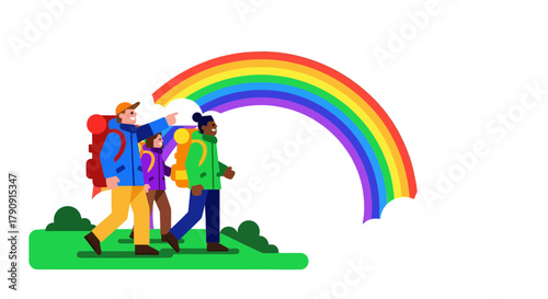 Diversity Embarks on Adventure, Journeying Toward a Vibrant Rainbow in the Wilderness