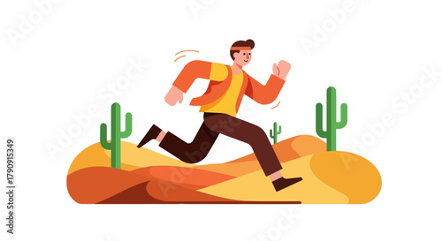 Energetic Runner Sprinting Across Desert Landscape Towards Horizon Under Clear Sky