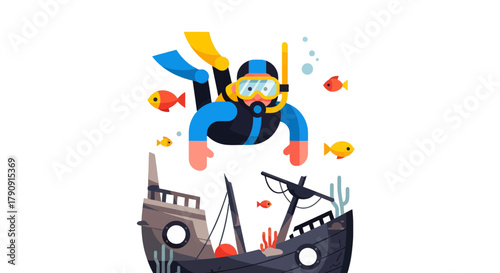 Diving Adventurer Explores Sunken Ship Surrounded by Aquatic Marine Life