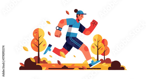 Energetic Runner Sprinting Amidst Autumnal Foliage Illustration on Black Backdrop
