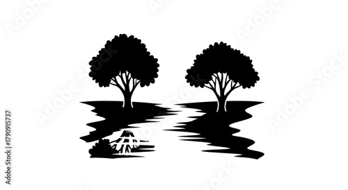 Silhouette River Scene: A serene riverside landscape unfolds with graceful trees standing proudly, mirroring their shapes in the still water below, invoking a sense of calm and natural beauty.