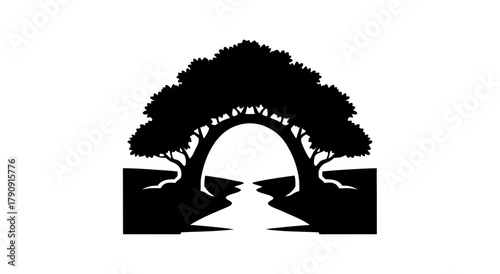 Arcade Nature Silhouette: A stylized depiction of nature's beauty, where two majestic trees frame a natural arcade with their intertwined branches. Evoking a sense of passage and wonder.