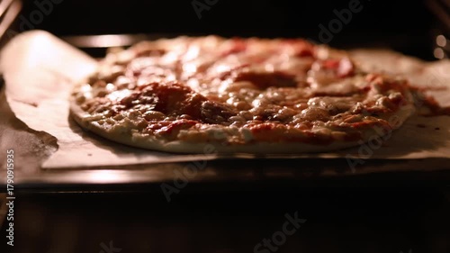 A delicious pizza baking inside a hot oven, with melting cheese bubbling on top and a golden-brown crust forming perfectly.
