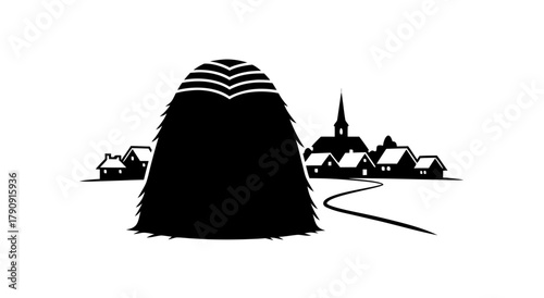 Countryside Silhouette: A serene rural scene unfolds, with a hay bale in the foreground, charming houses and a church steeple in the distance, connected by a winding road.