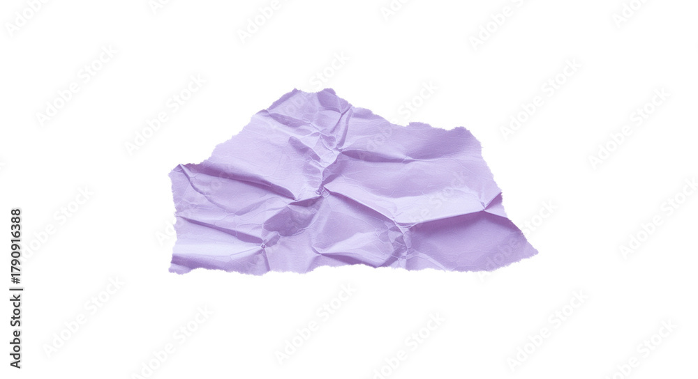 Fototapeta premium A single crumpled piece of light purple paper with irregular edges and many folds and creases isolated on transparent background
