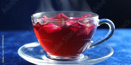 A clear glass cup of crimson tea with rose petals rests on a matching saucer against a blue backdrop