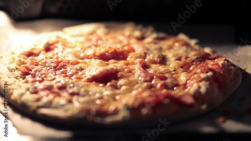 A delicious pizza baking inside a hot oven, with melting cheese bubbling on top and a golden-brown crust forming perfectly.
