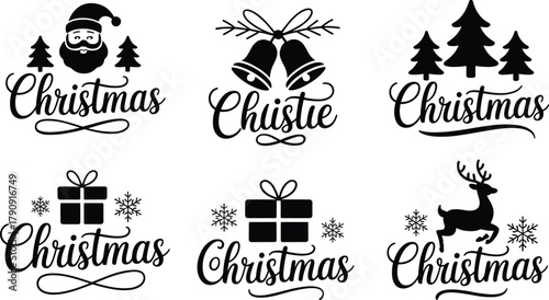 Christmas Holiday Vector Graphics with Santa Claus Bells Trees and Gifts Keywords: Christmas, holiday, Santa Claus, bells, trees, gifts, snowflakes, reindeer, festive, celebration, winter, season