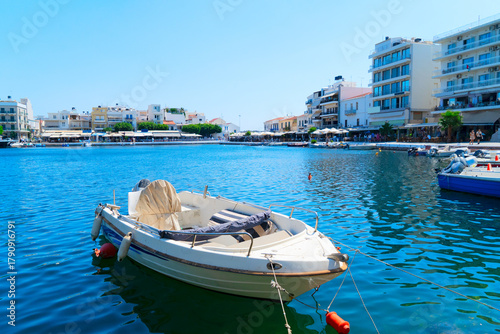Fototapeta Naklejka Na Ścianę i Meble -  lake in harbour of Agios Nikolaos, Crete, Greece retro toned