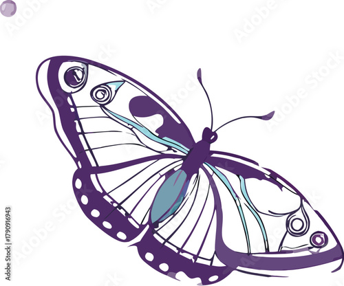 Elegant purple butterfly with delicate wing patterns and a single dewdrop floats gracefully against a clean white background