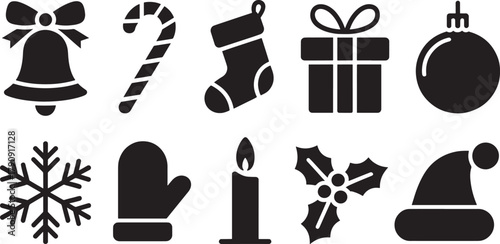 Christmas Icons Silhouette Collection Including Bell Candy Cane Stocking Gift Ornament Snowflake Mitten Candle Holly and Hat Keywords: christmas, holiday, icon, silhouette, vector, bell, candy