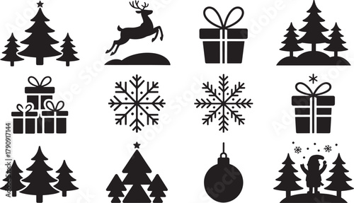 Christmas Icons Silhouette Collection Featuring Trees Reindeer Gifts Snowflakes and Ornaments Keywords: christmas, holiday, icon, silhouette, vector, tree, christmas tree, reindeer, deer, gift