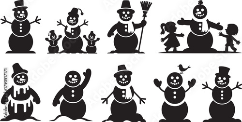 Diverse Snowman Silhouettes for Winter and Christmas Themes Keywords: snowman, snow, winter, christmas, holiday, silhouette, vector, character, figure, design, graphic, element, collection, set