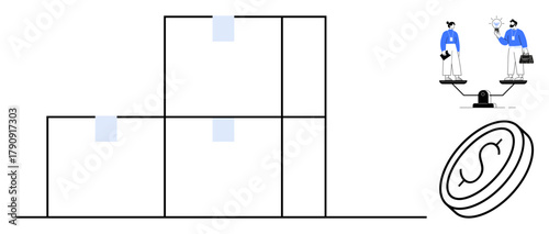 Two figures on scales beside a financial coin and structured geometric boxes, representing equilibrium, financial planning, teamwork, decisions, priorities, goal setting, and simplicity in a flat