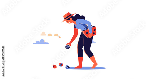 Woman Searching For Shells On The Shoreline, Minimalist Illustration In Graphic Style