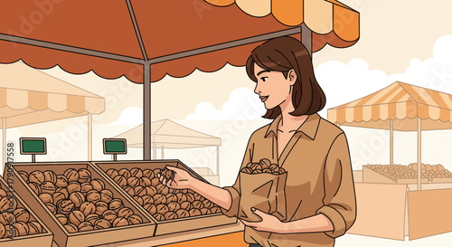 Woman Selecting Fresh Produce at a Farmers Market Outdoor Stall of Foodstuffs