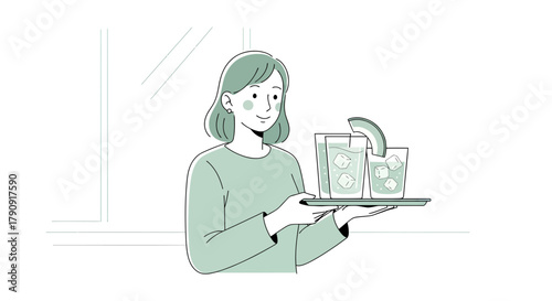 Woman Serving Refreshing Drinks With Ice Cubes On Tray In Modern Illustration